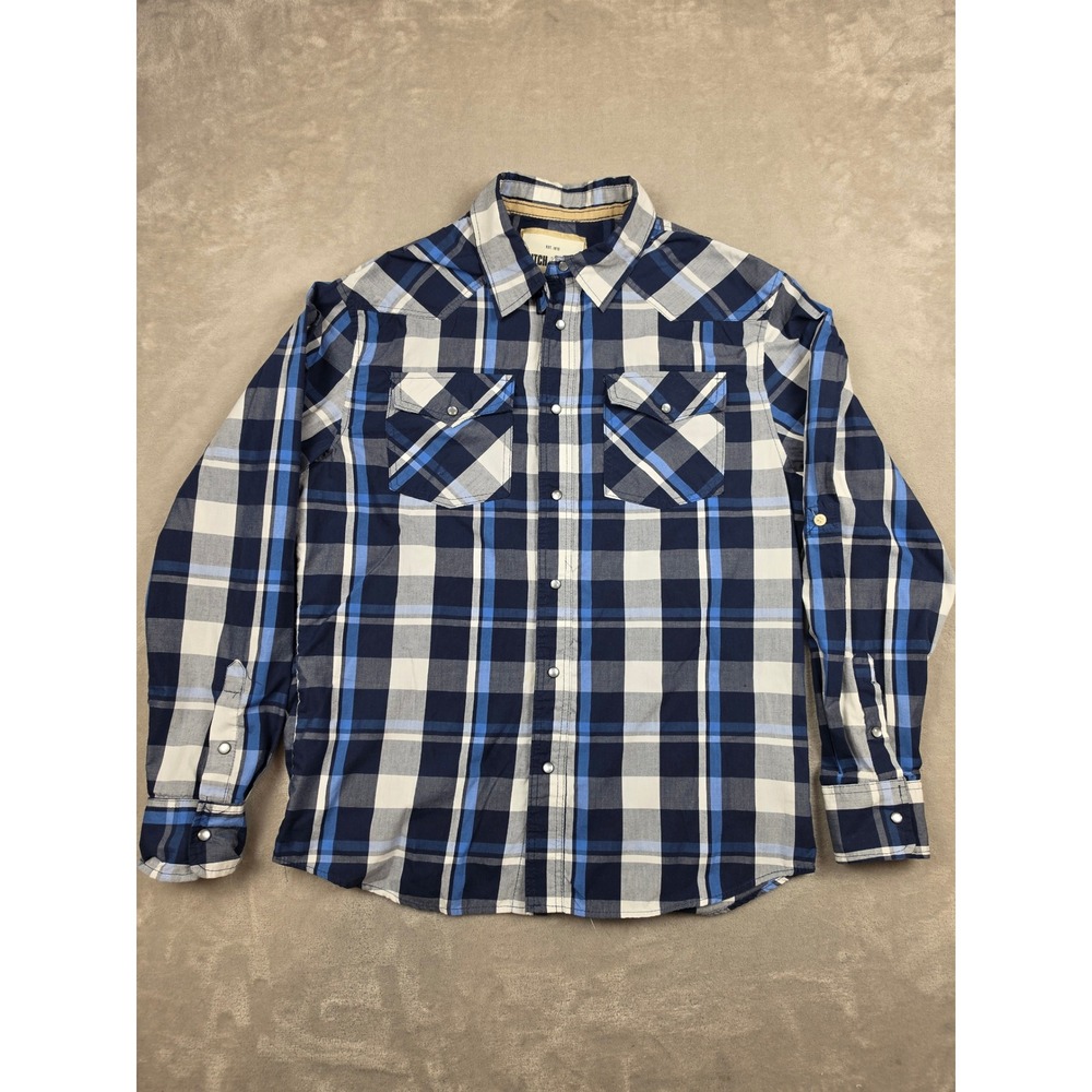 Ditch Plains Western Shirt Mens XXL Blue Plaid Pearl Snap Long Sleeve Pockets
